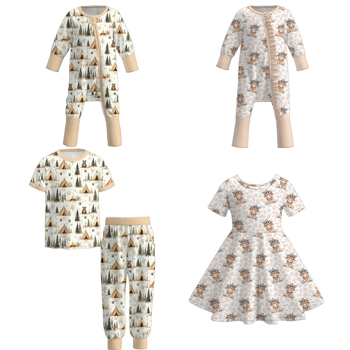 (Pre Order+Prepack Zone)Siblings Fall Cow&Camping Print Dress,Set&Romper