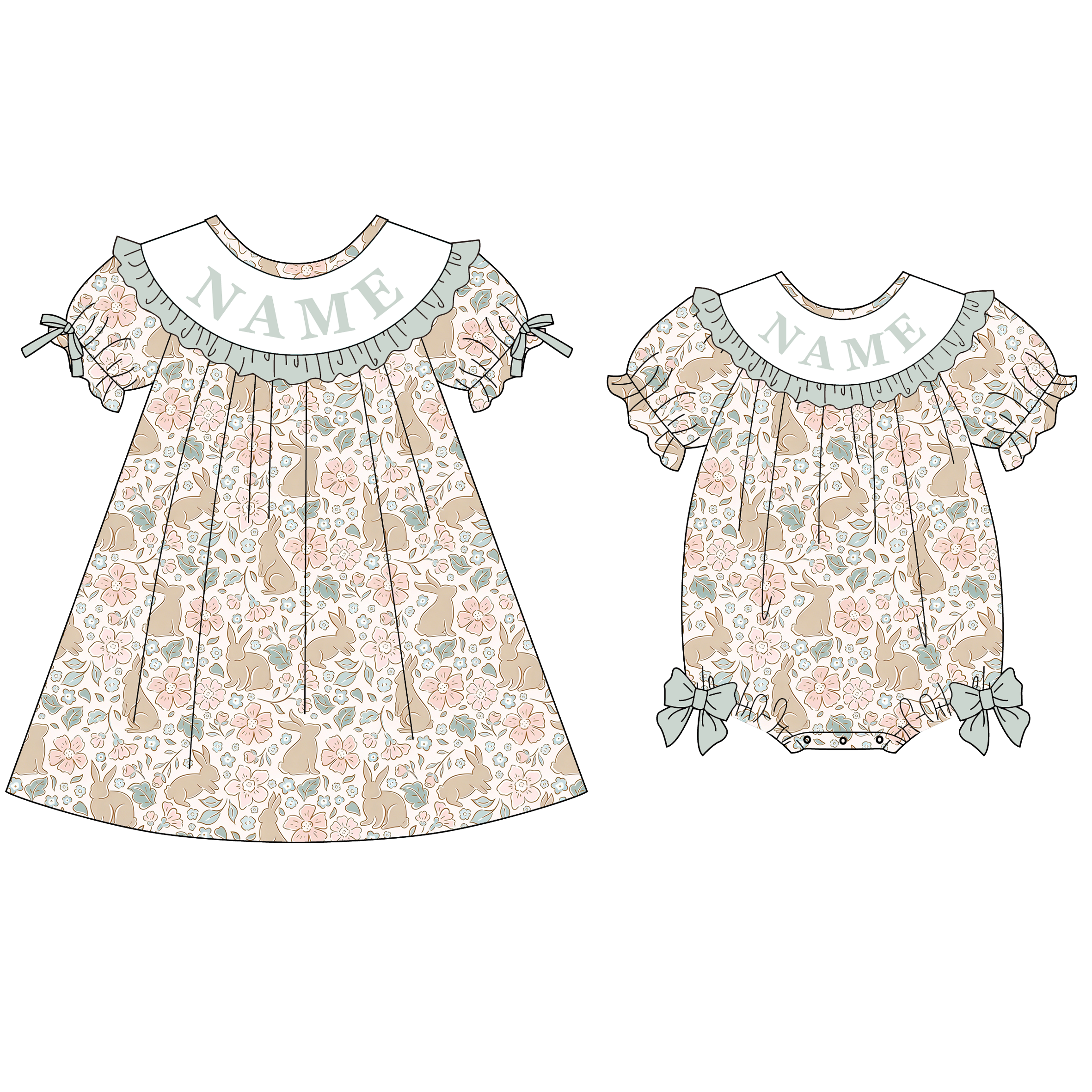 (Pre Order)Sisters Easter Bunny Embroidery Smocked Dress&Rompr - Customized name