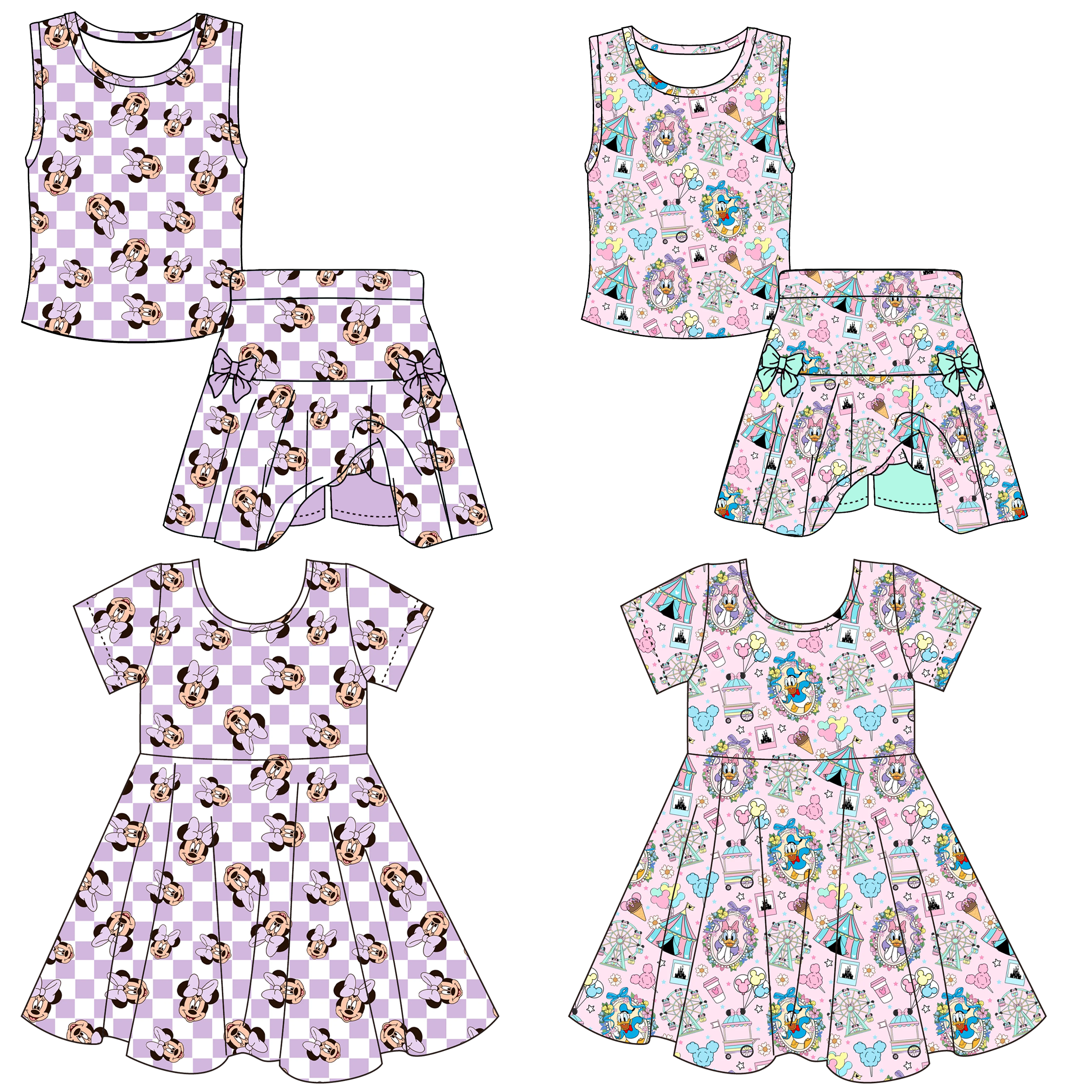 (Pre Order)Girls Spring&Summer Cartoon Print Dress&Skort Set