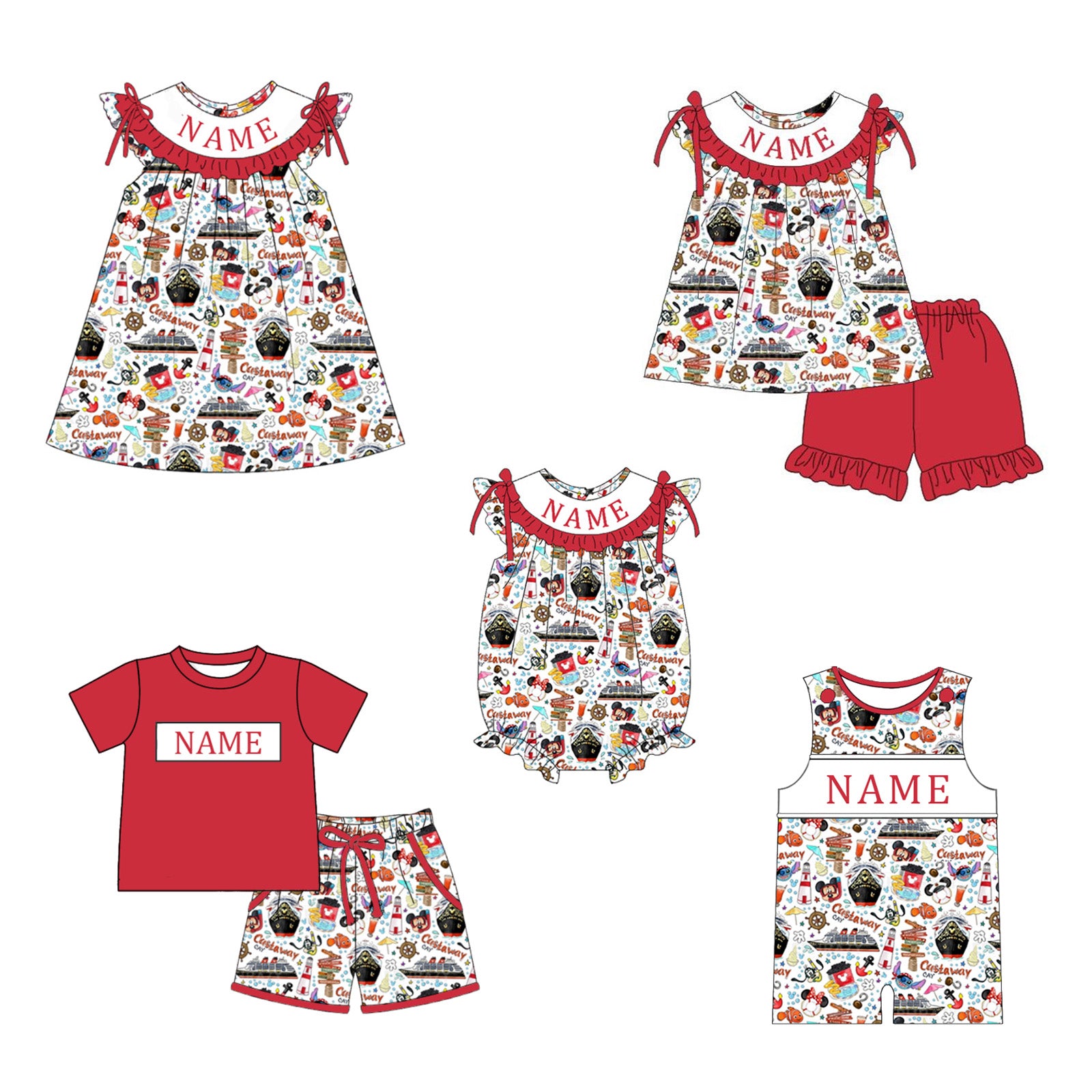 (Pre Order)Siblings Spring&Summer Cartoon Embroidery Smocked Dress,Set&Romper-Customized name