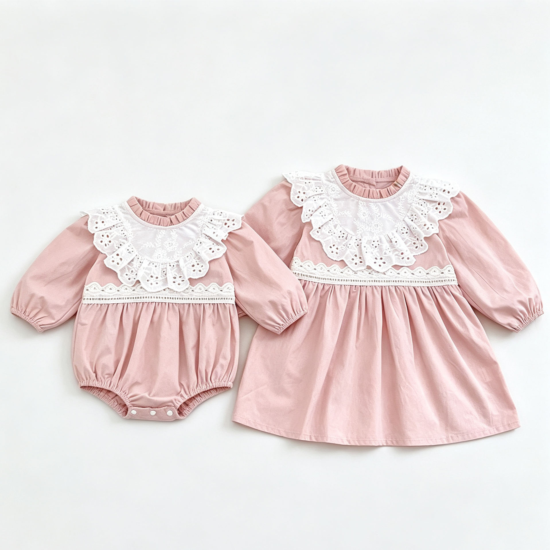 (Pre Order 2 Weeks)Sisters Fall Lace Ruffle Pink Dress&Romper