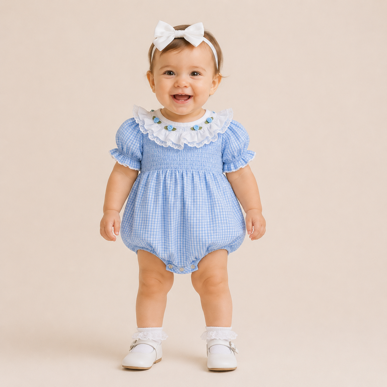(In Stock)Toddler Girls Fall Smocked Blue Plaid Cotton Romper
