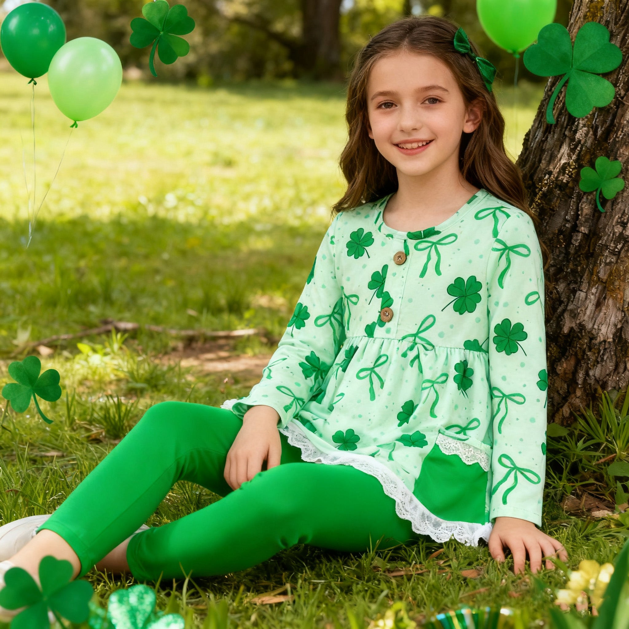 (In Stock)Girls St. Patrick's Day Shamrock Print Outfit Set
