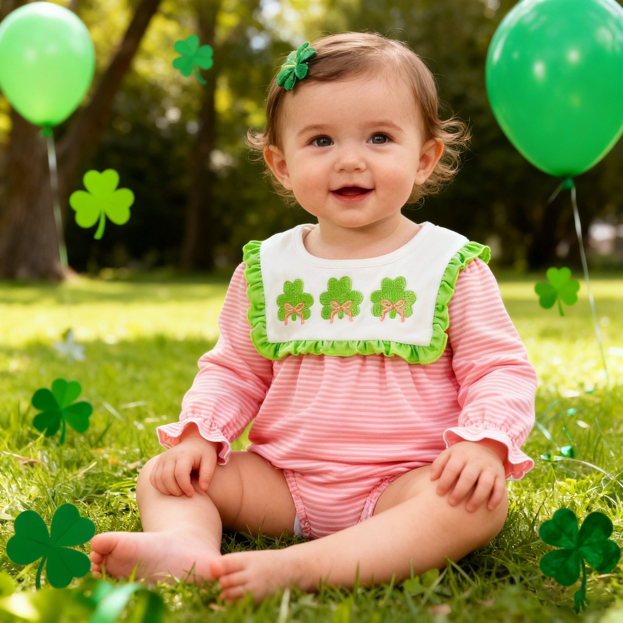(In Stock)Toddler Girls St. Patrick's Day Shamrock Embroidery Cotton Romper