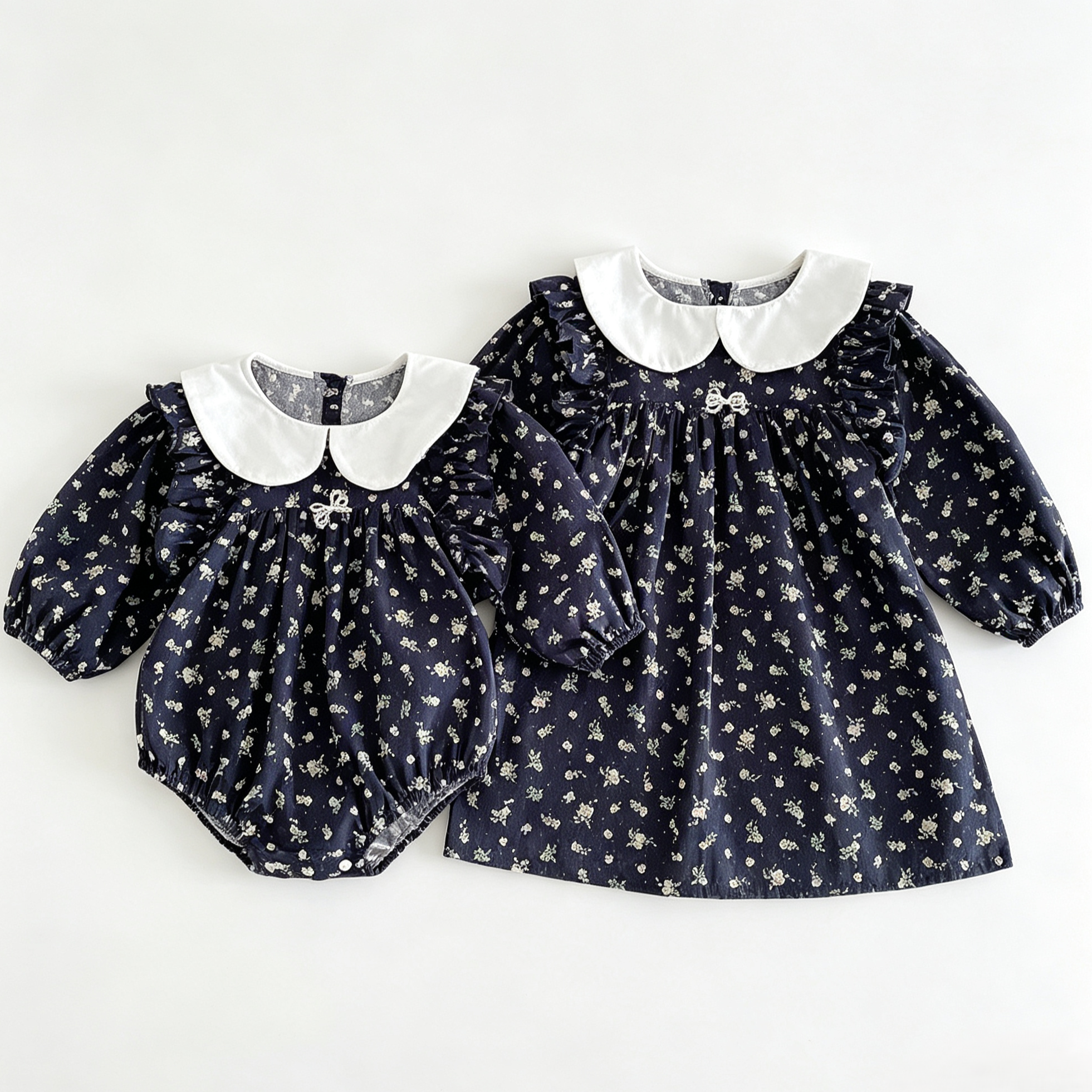(Pre Order 2 Weeks)Sisters Fall Floral Print Baby Collar Dress&Romper