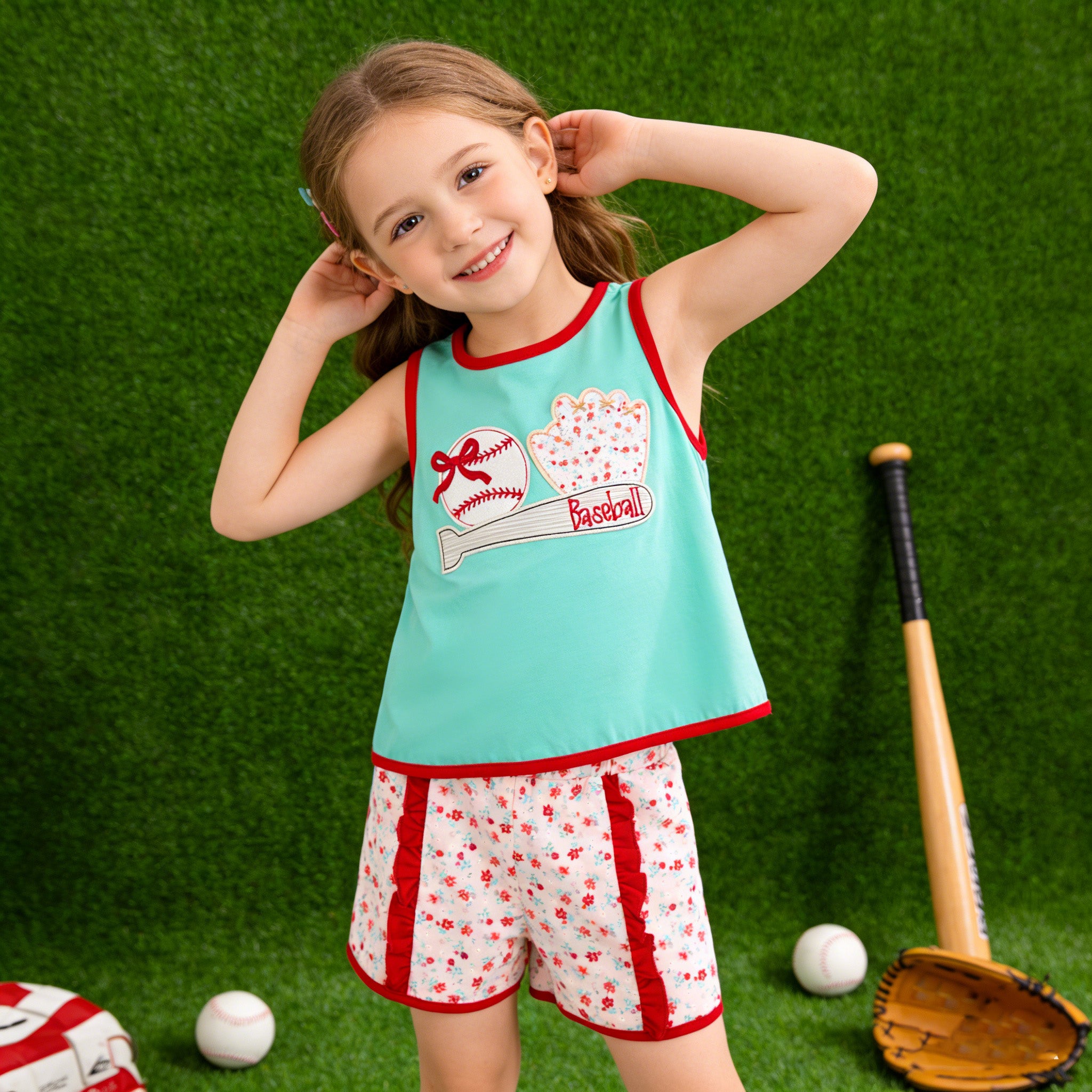 (In Stock)Siblings Spring&Summer Baseball Applique Shorts Set&Romper