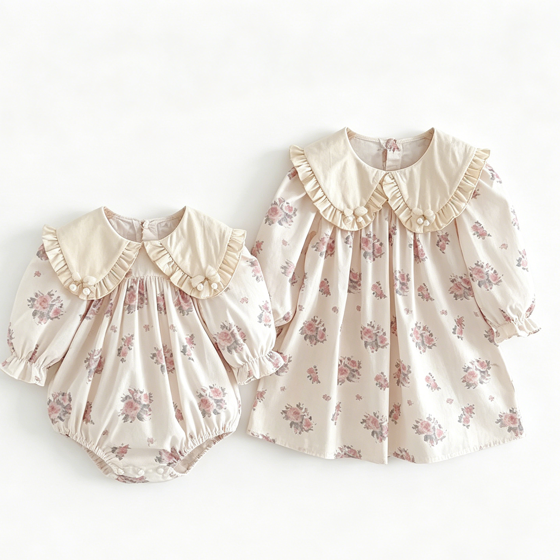 (In Production)Sisters Fall Floral Print Ruffle Collar Dress&Romper