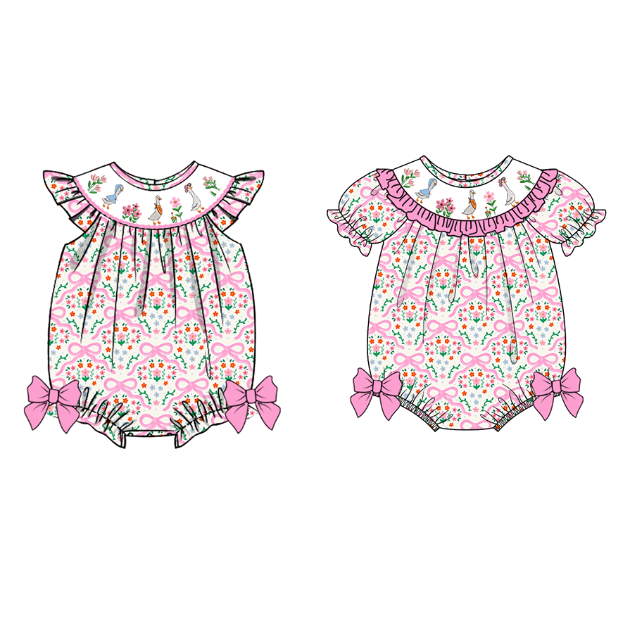 (Pre Order)Sisters Spring and Summer Goose Embroidery Smocked Romper