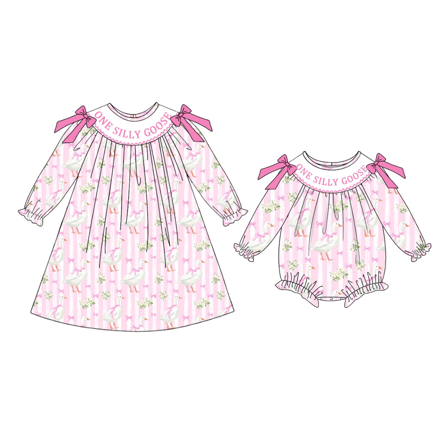 (Pre Order)Sisters Goose Embroidery Smocked Dress&Romper
