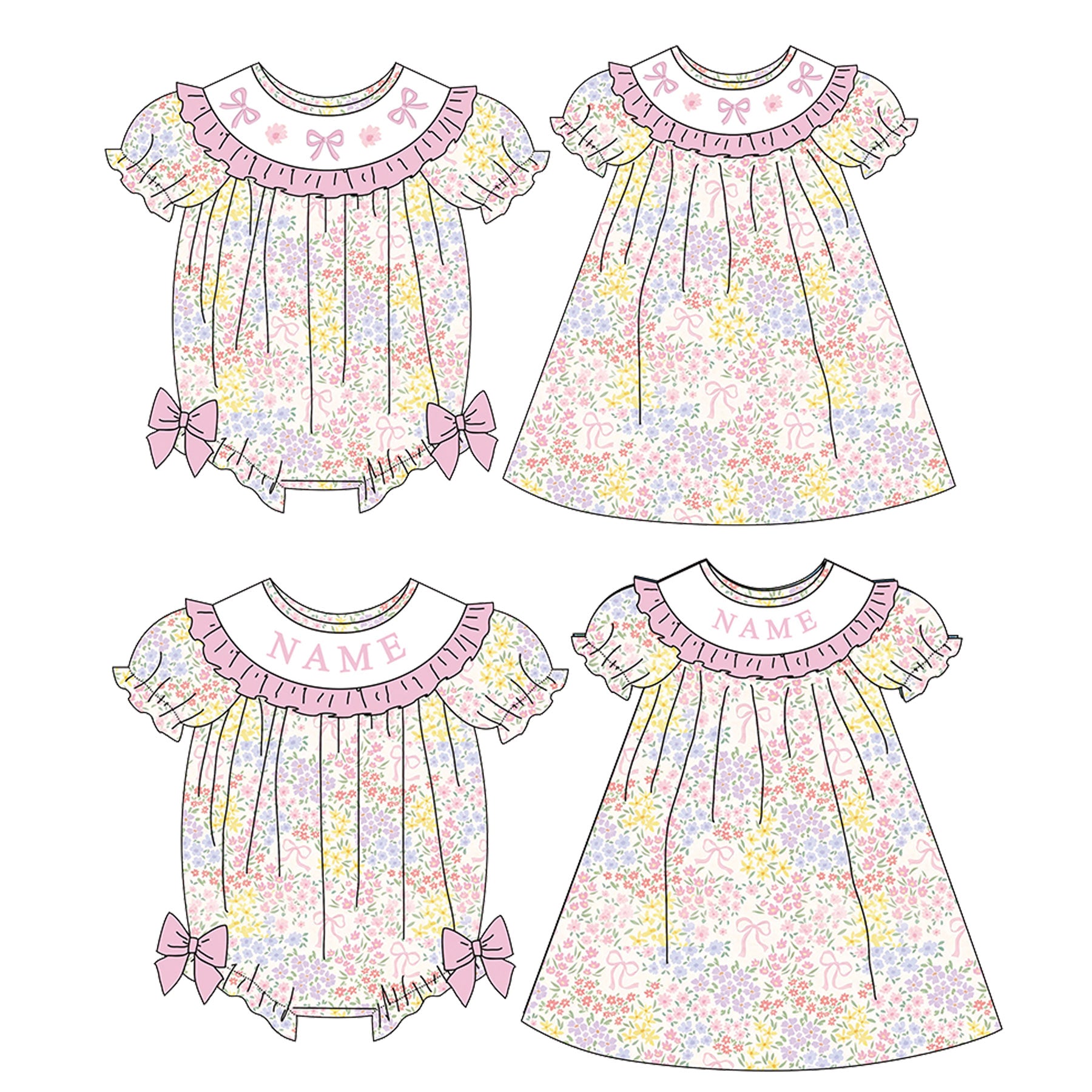 (Pre Order)Sisters Spring Bow&Floral Embroidery Smocked Dress&Romper