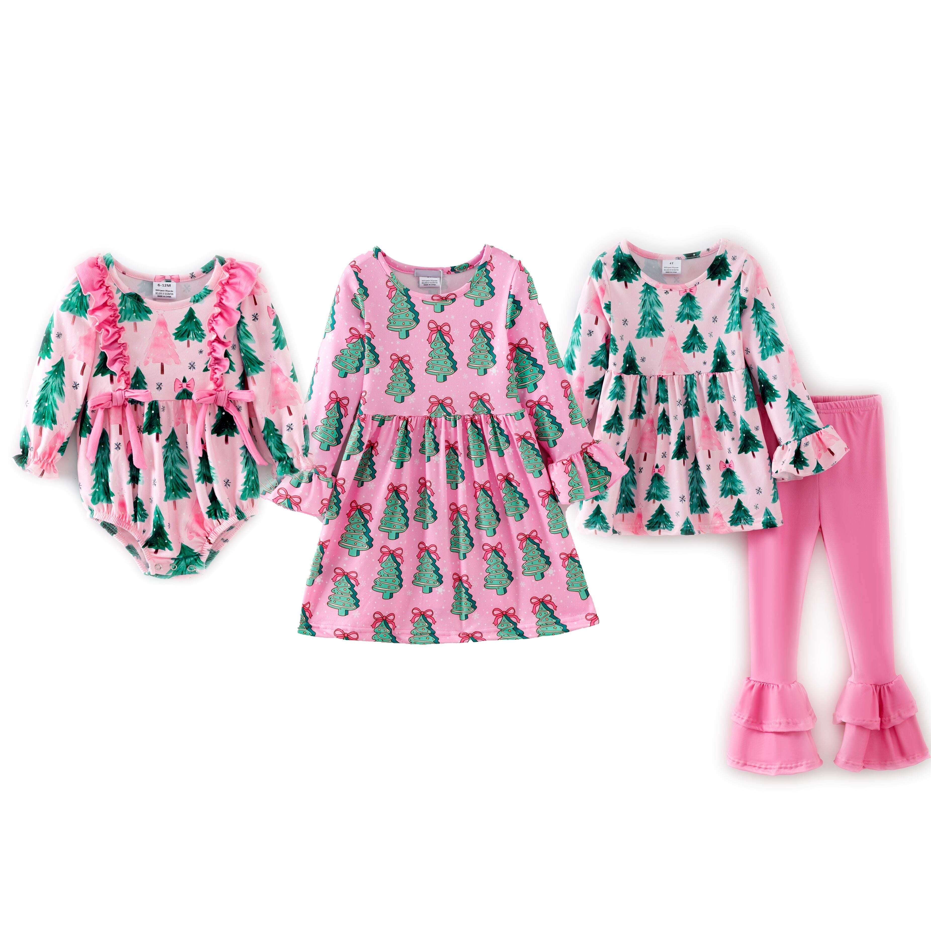(Pre Order,Prepack Zone)Girls Christmas Tree Print Dress,Set&Romper
