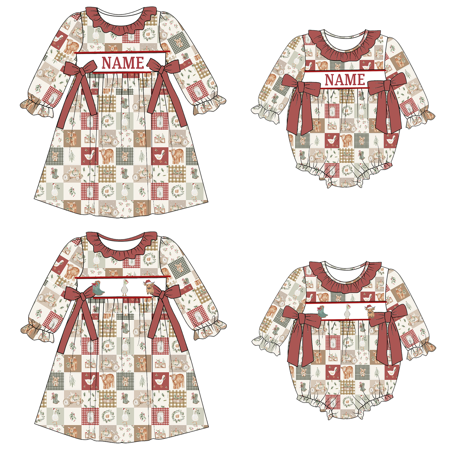 (Pre Order)Girls Christmas Embroidery Smocked Dress&Romper-Customized name