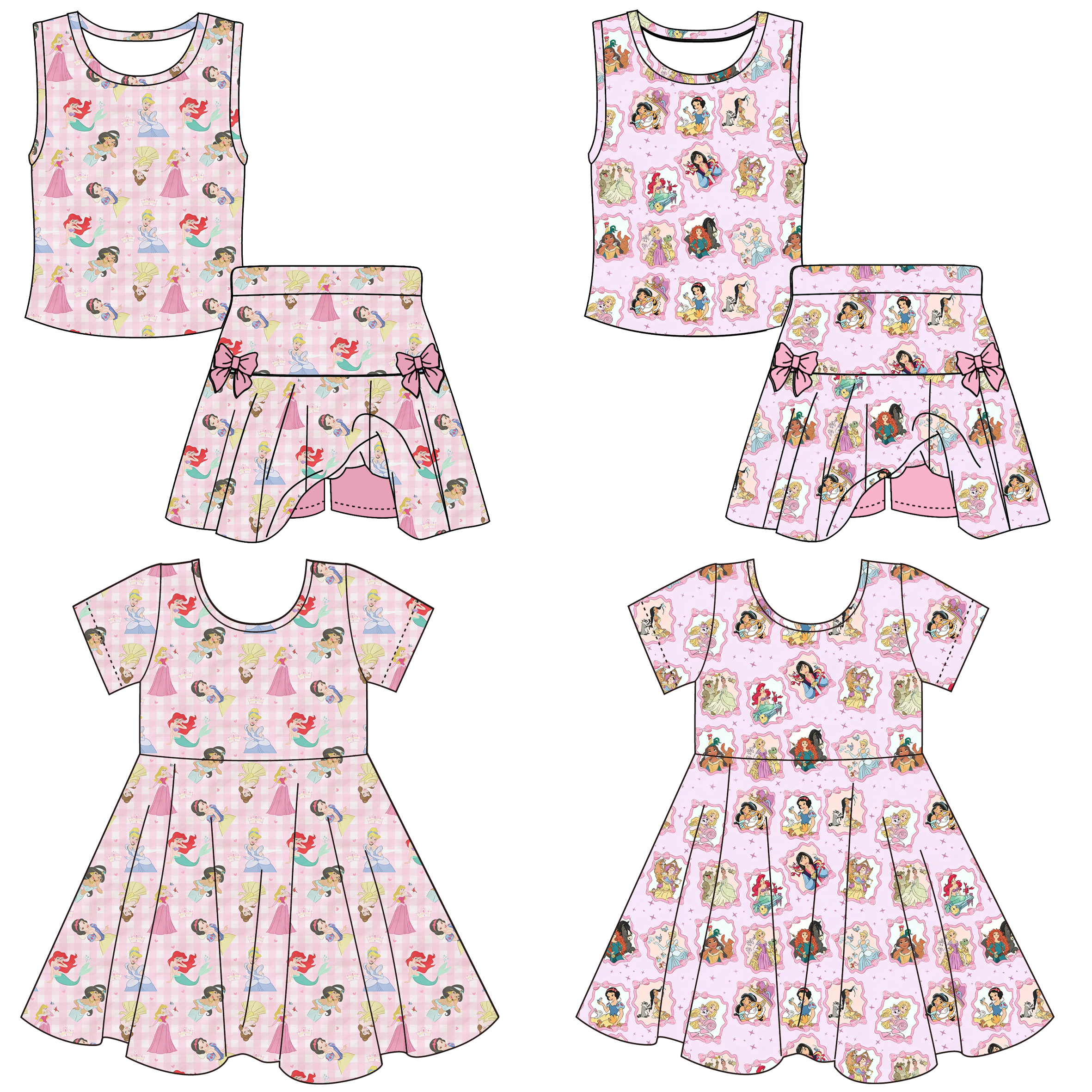 (Pre Order)Girls Spring&Summer Princess Print Dress&Skort Set