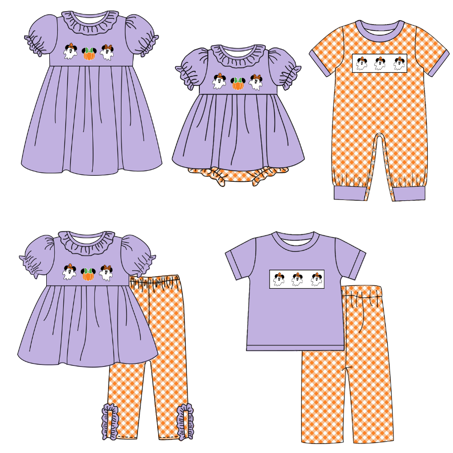 (Pre Order)Family Halloween Ghost Embroidery Smocked Dress,Set&Romper