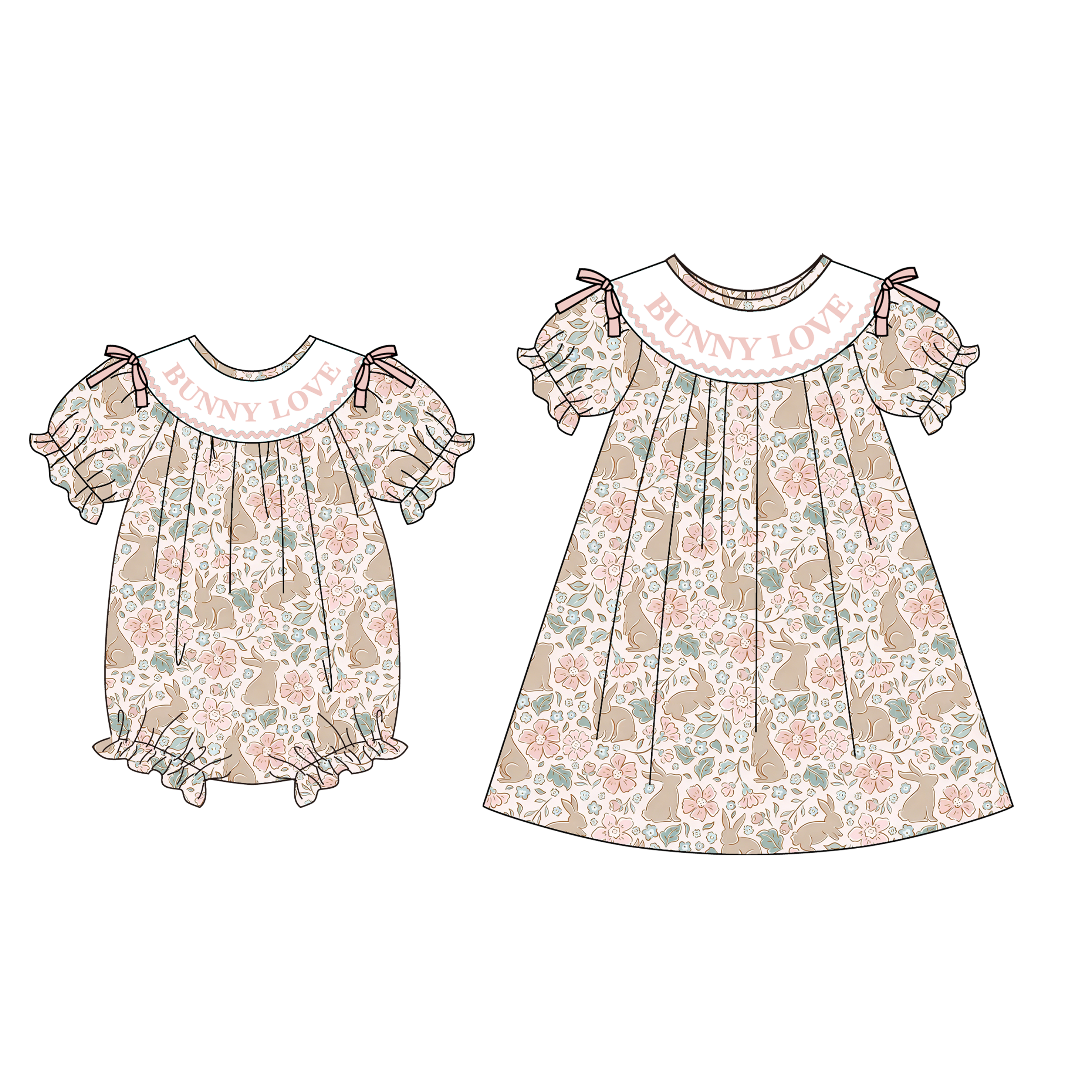 (Pre Order)Sisters Easter Bunny Embroidery Smocked Dress&Romper