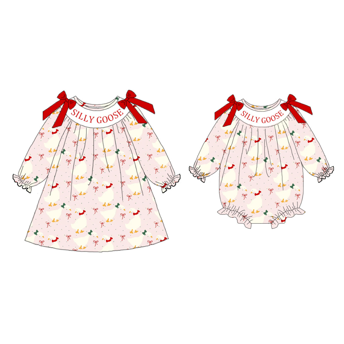 (Pre Order)Sisters Silly Goose Embroidery Smocked Dress&Romper