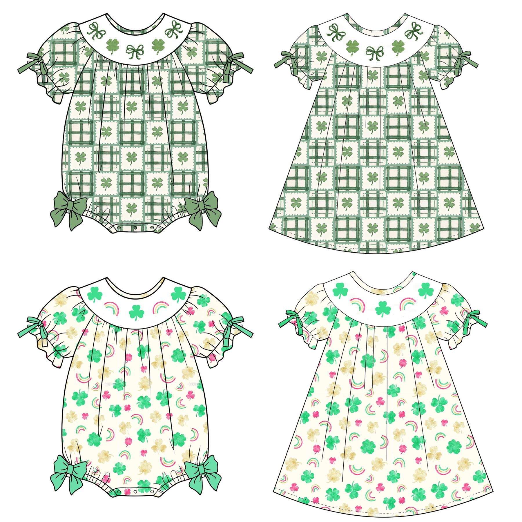 (Pre Order)Sisters St. Patrick's Day Shamrock Embroidery Smocked Dress&Romper