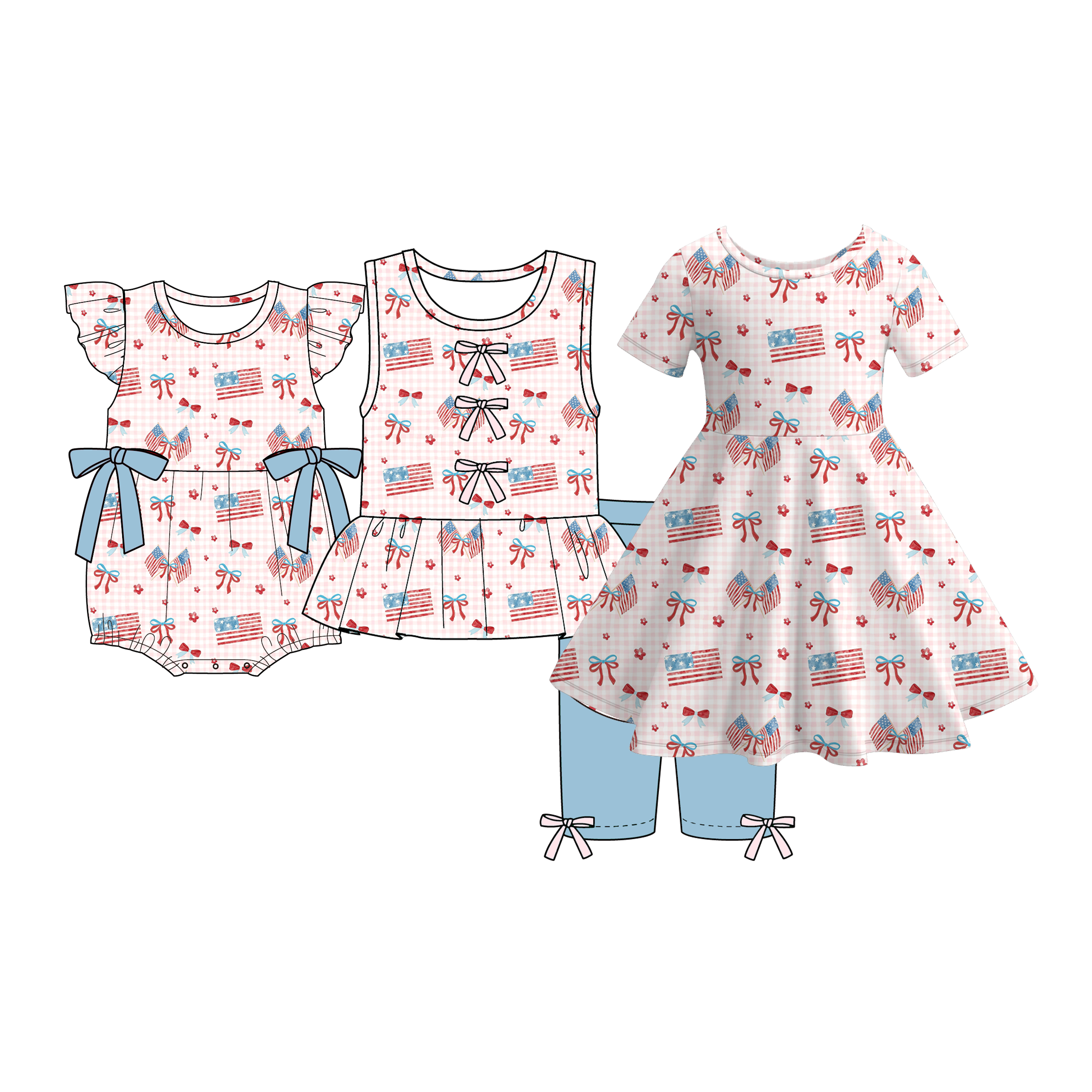 (Pre Order)Family Summer Patriotic Print Dress,Set&Romper