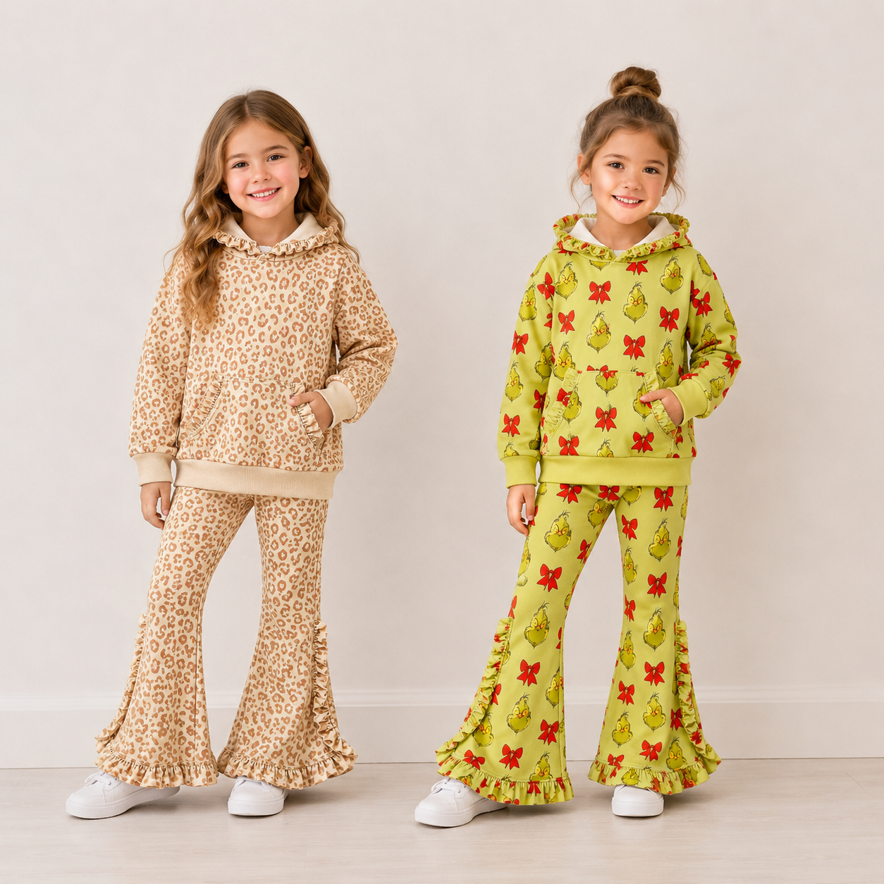 (Weekly Pre-Order)Girls Leopard&Christmas Ruffle Hoodie Set(Ends 9.13)