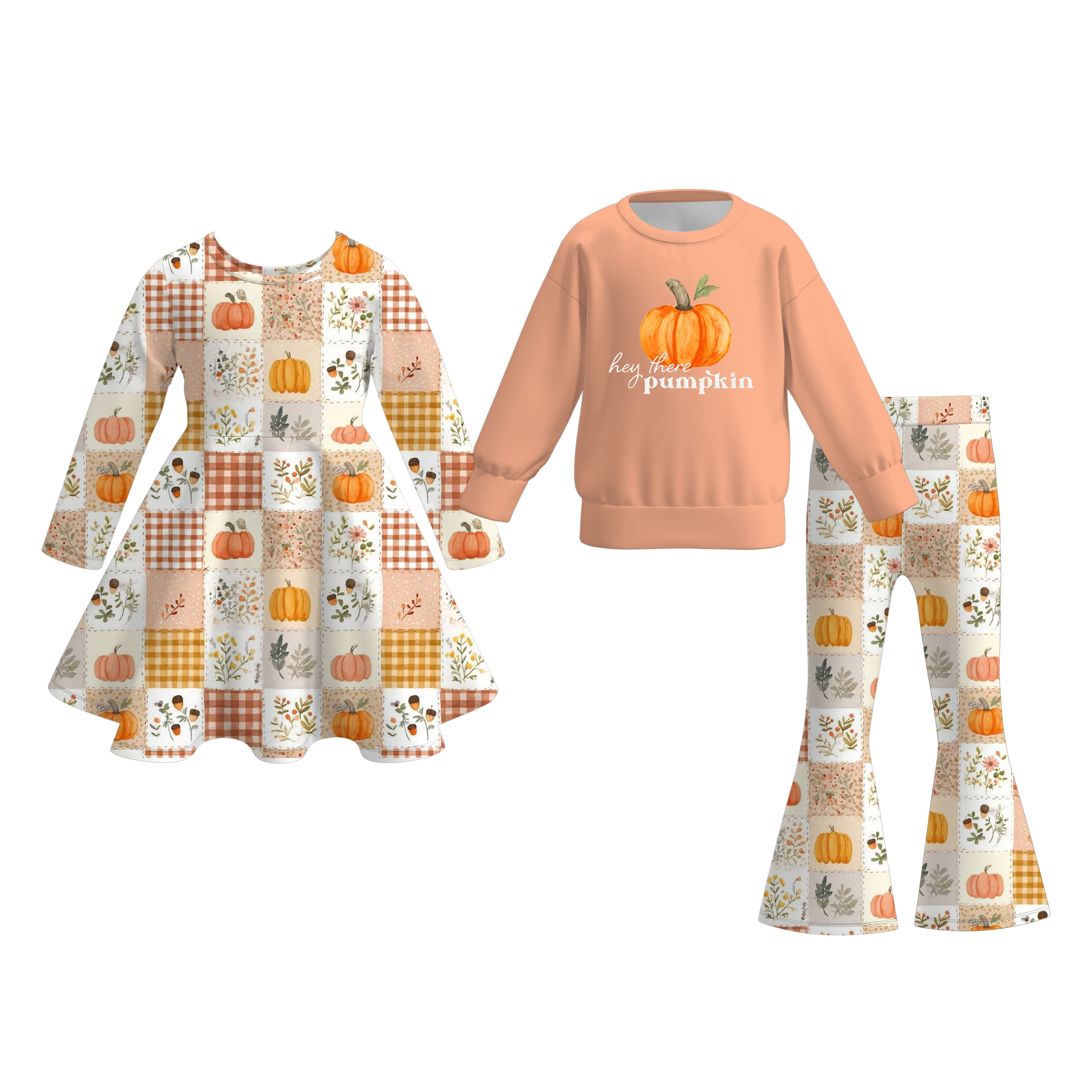 (Pre Order)Girls Fall Pumpkin Print Dress&Sweatshirt Set