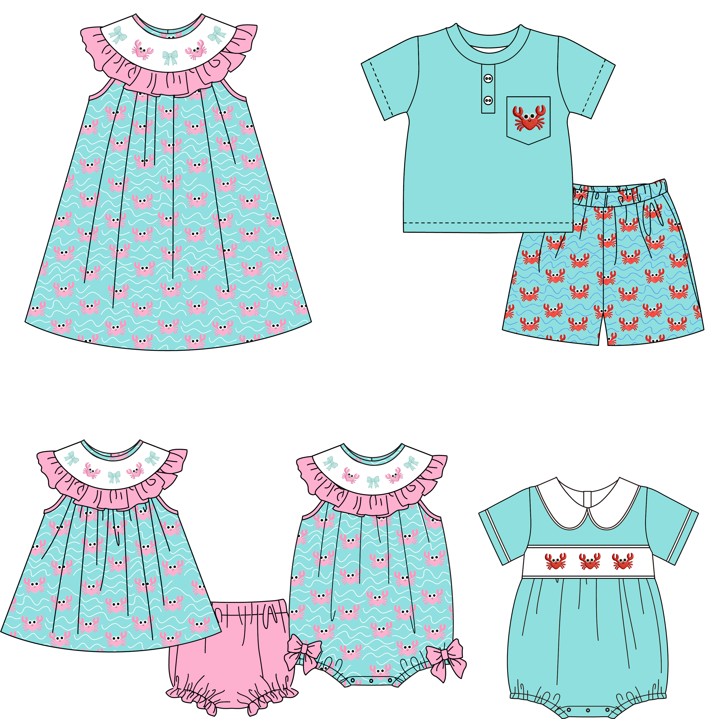 (Pre Order)Siblings Summer Crab Embroidery Smocked Dress,Bloomer Set&Romper