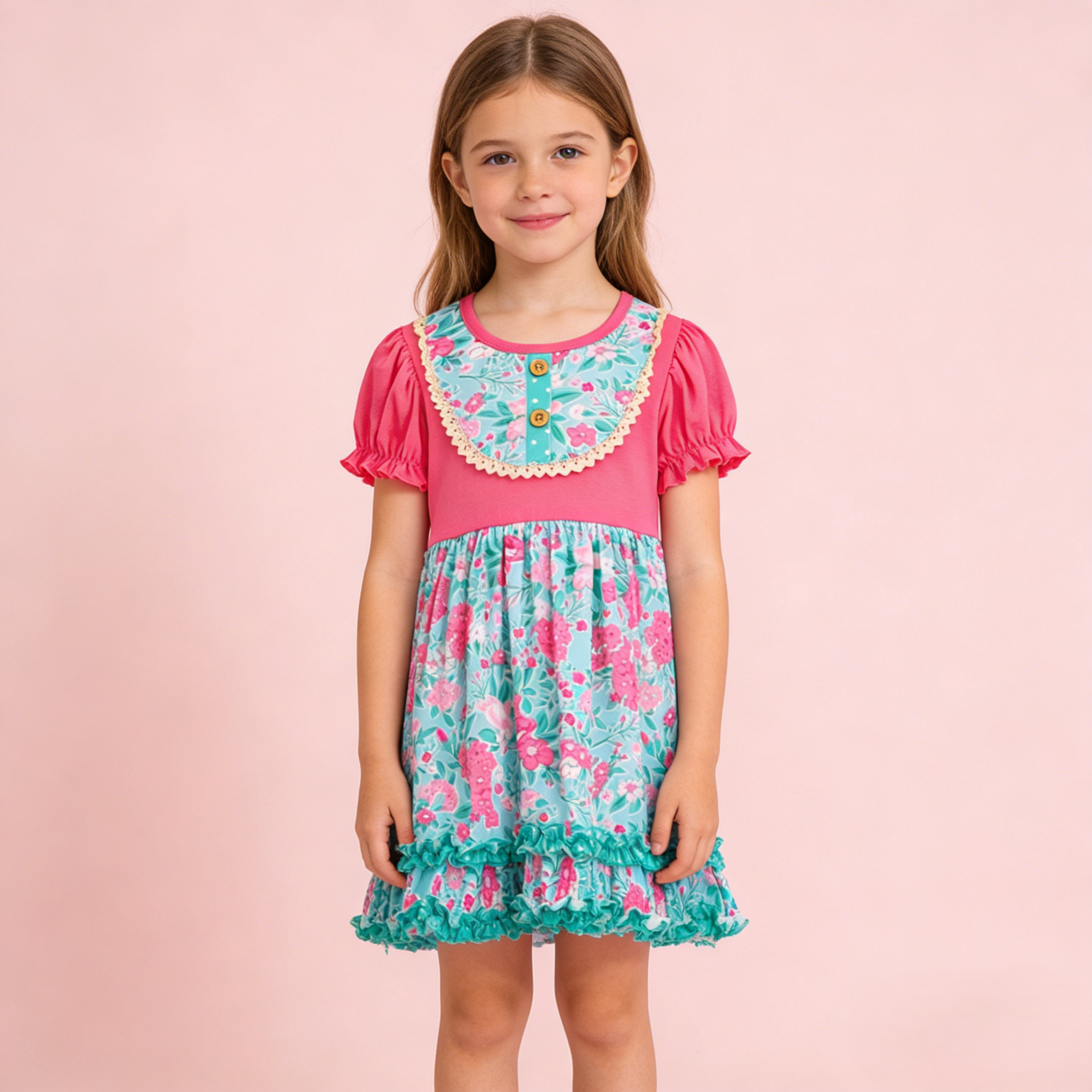 (In Stock)Girls Spring and Summer Melon Floral Print Dress