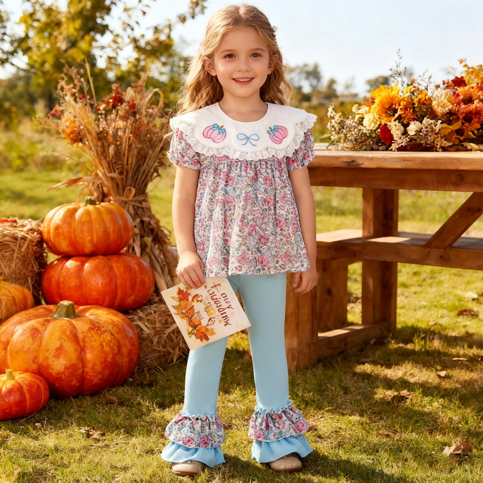 (In Stock)Girls Halloween&Thanksgiving Pumpkin Embroidery Ruffle Outfit Set