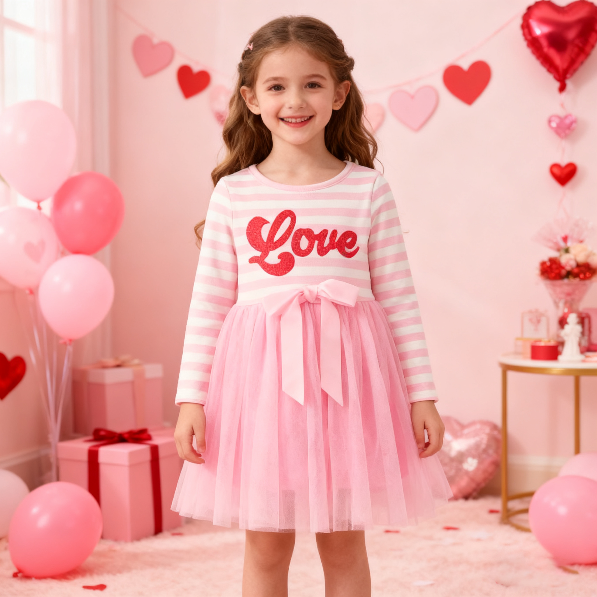 (In Stock)Girls Valentine's Day Print Tulle Dress