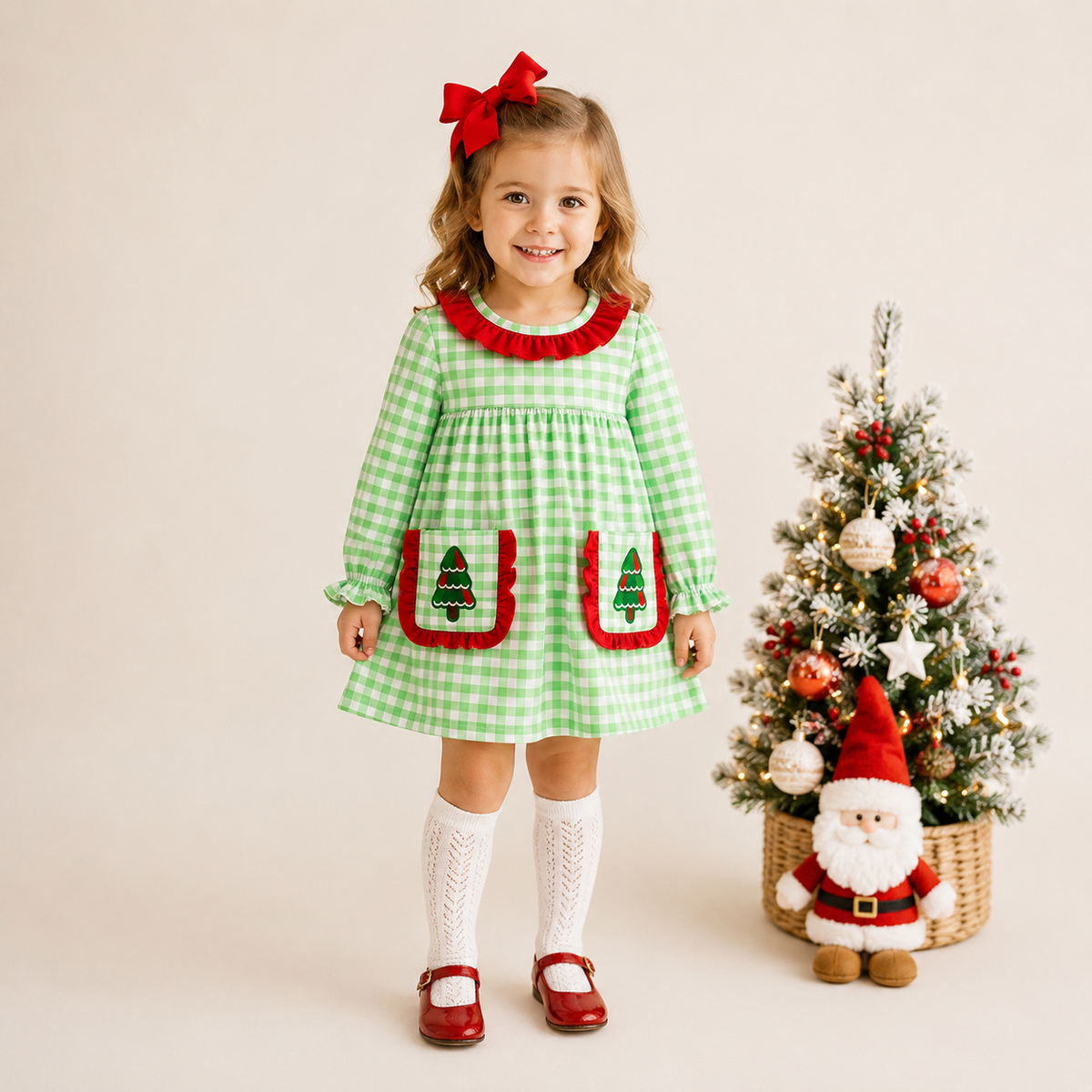 (In Stock)Girls Christmas Tree Embroidery Dress with Pockets
