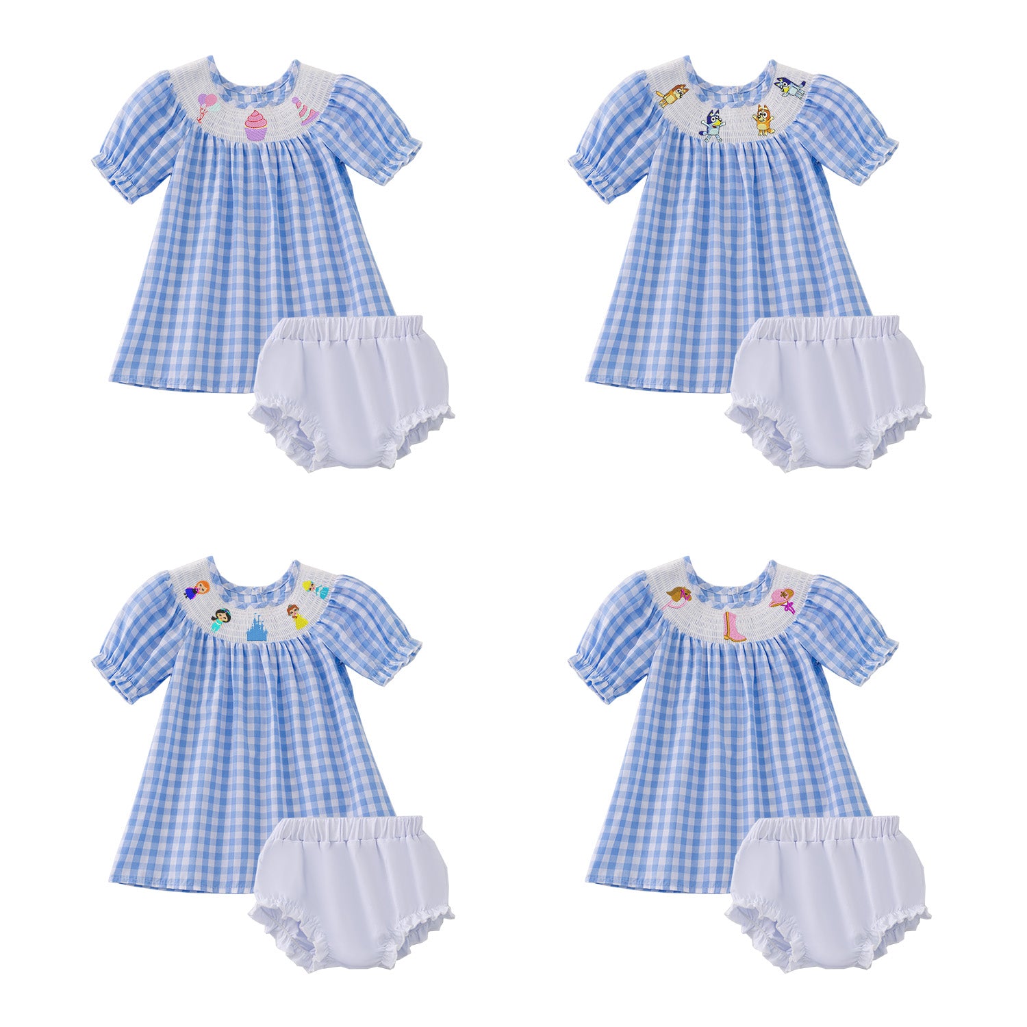 (Pre Order)Baby Girls Cartoon Embroidery Smocked Bloomer Set