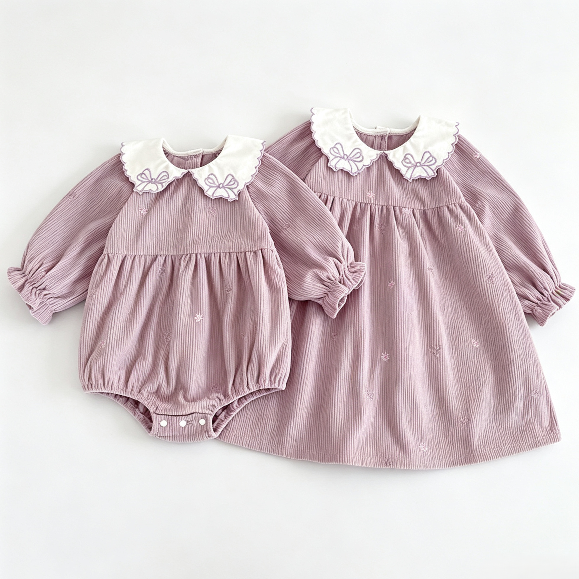 (Pre Order 2 Weeks)Sisters Fall Bow Embroidery Collar Corduroy Dress&Romper