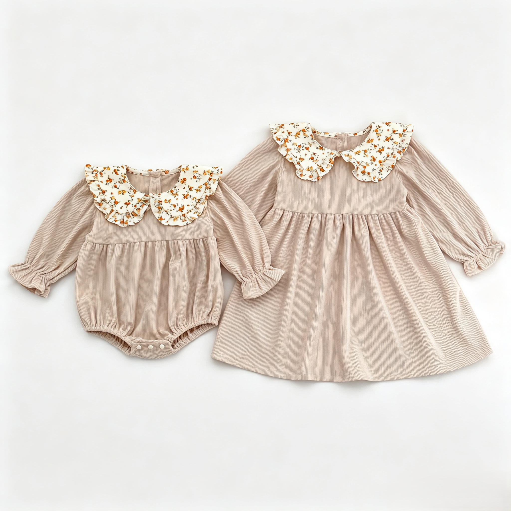(Pre Order 2 Weeks)Sisters Fall Floral Ruffle Collar Corduroy Dress&Romper