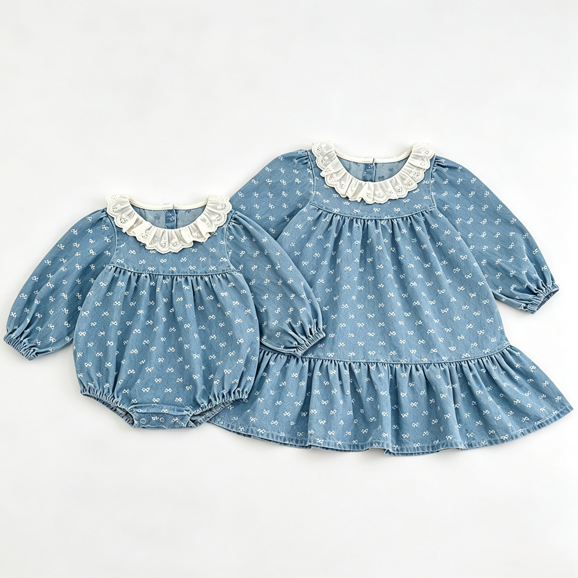 (Pre Order 2 Weeks)Sisters Fall Bow Ruffle Denim Dress&Romper