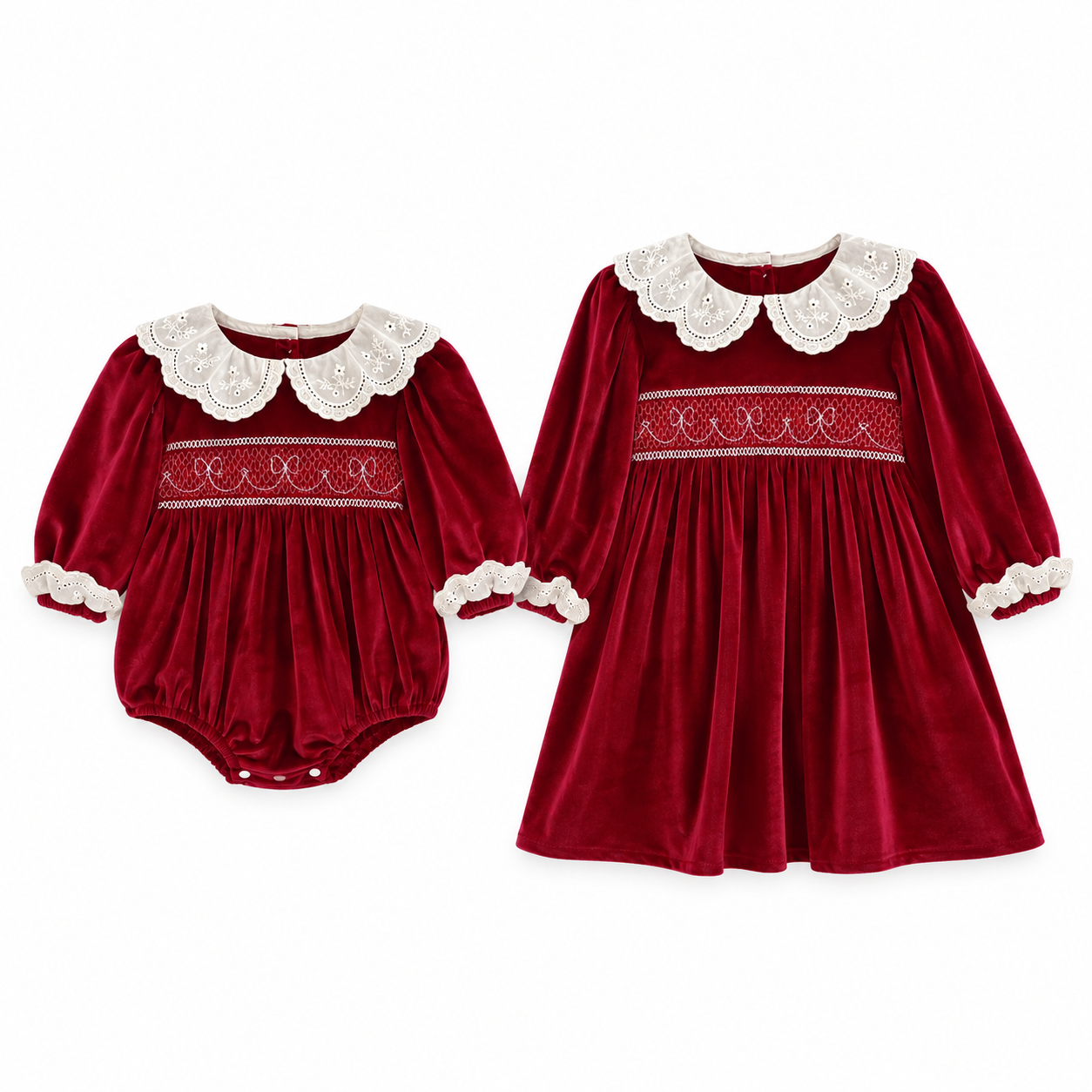 (Pre Order 2 Weeks)Sisters Red Velvet Smocked Dress&Romper