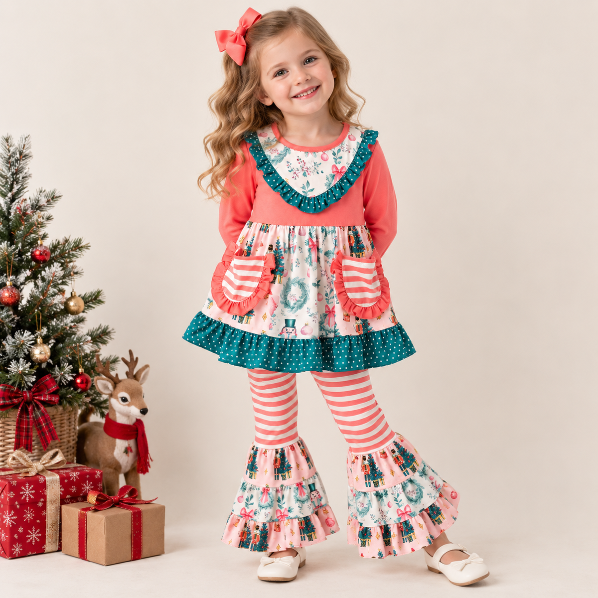 (In Stock)Girls Christmas Print Ruffle Outfit Set