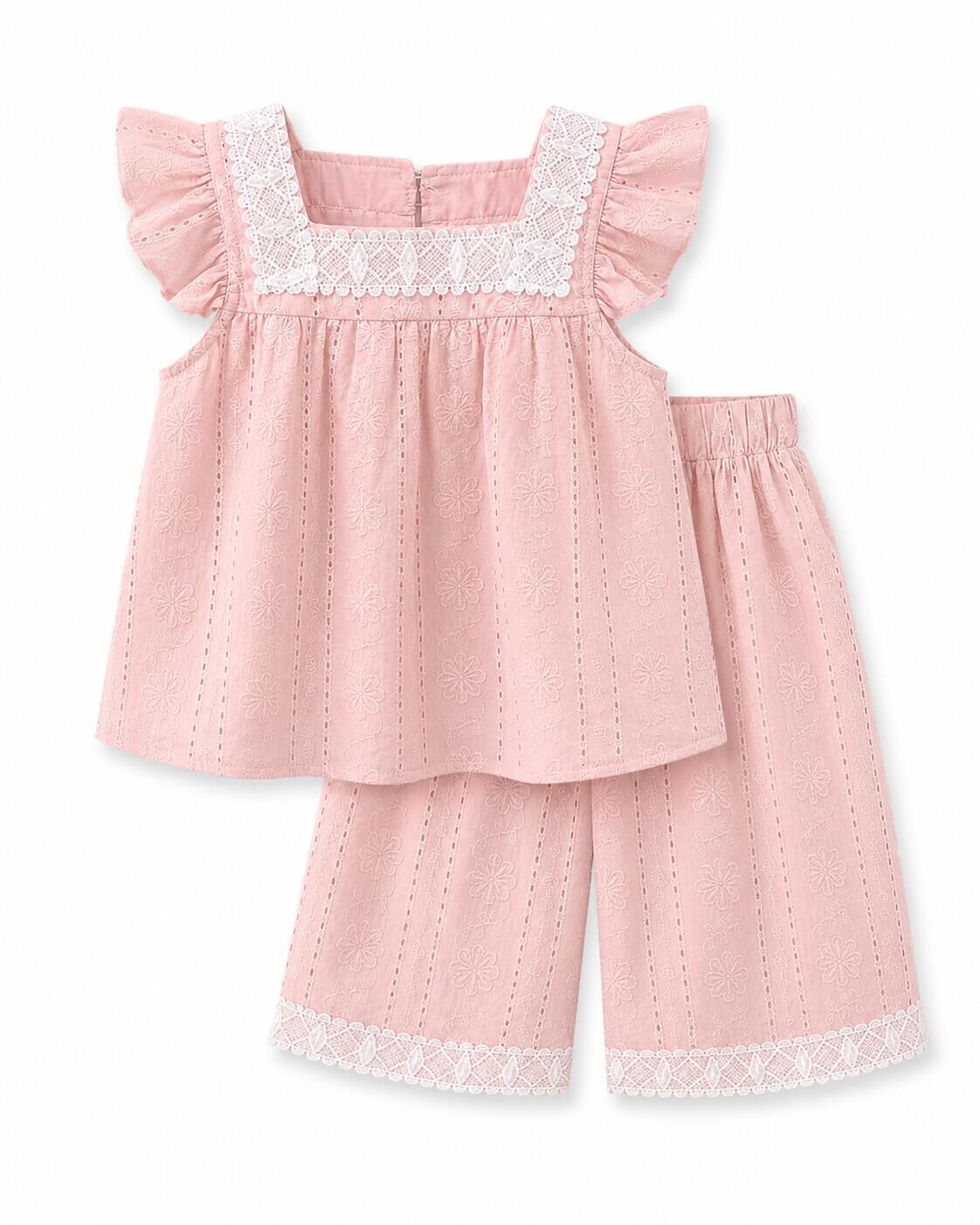 (In Production)Girls Summer Baby Pink Lace Outfit Set