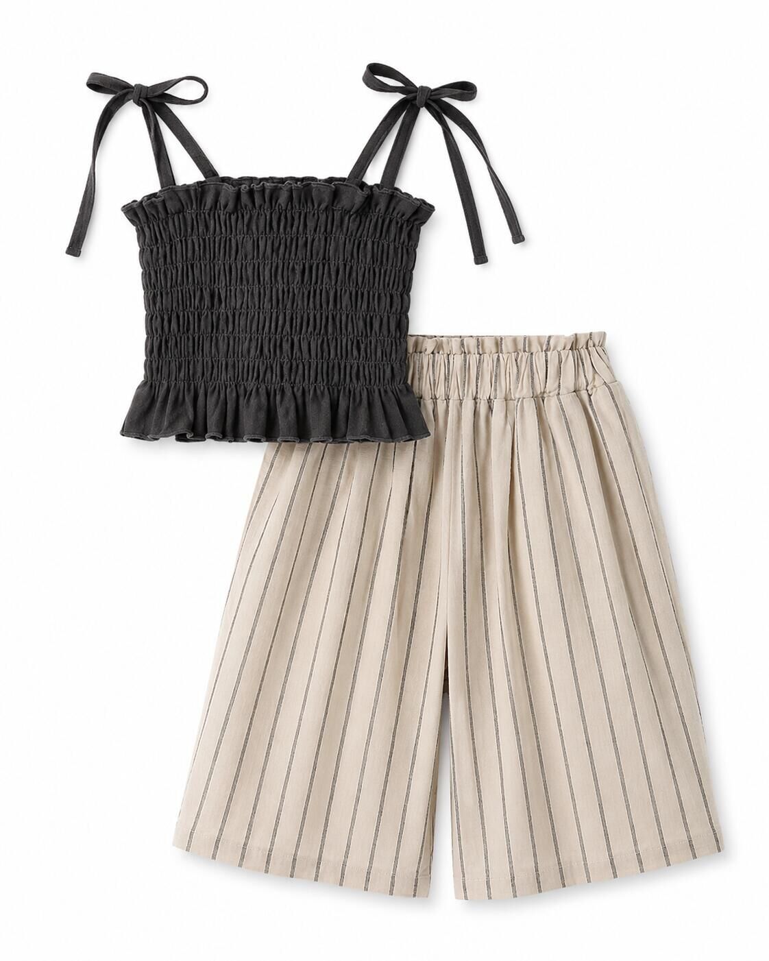 (In Production)Girls Summer Smocked Slip Top Linen Stripe Pants Set