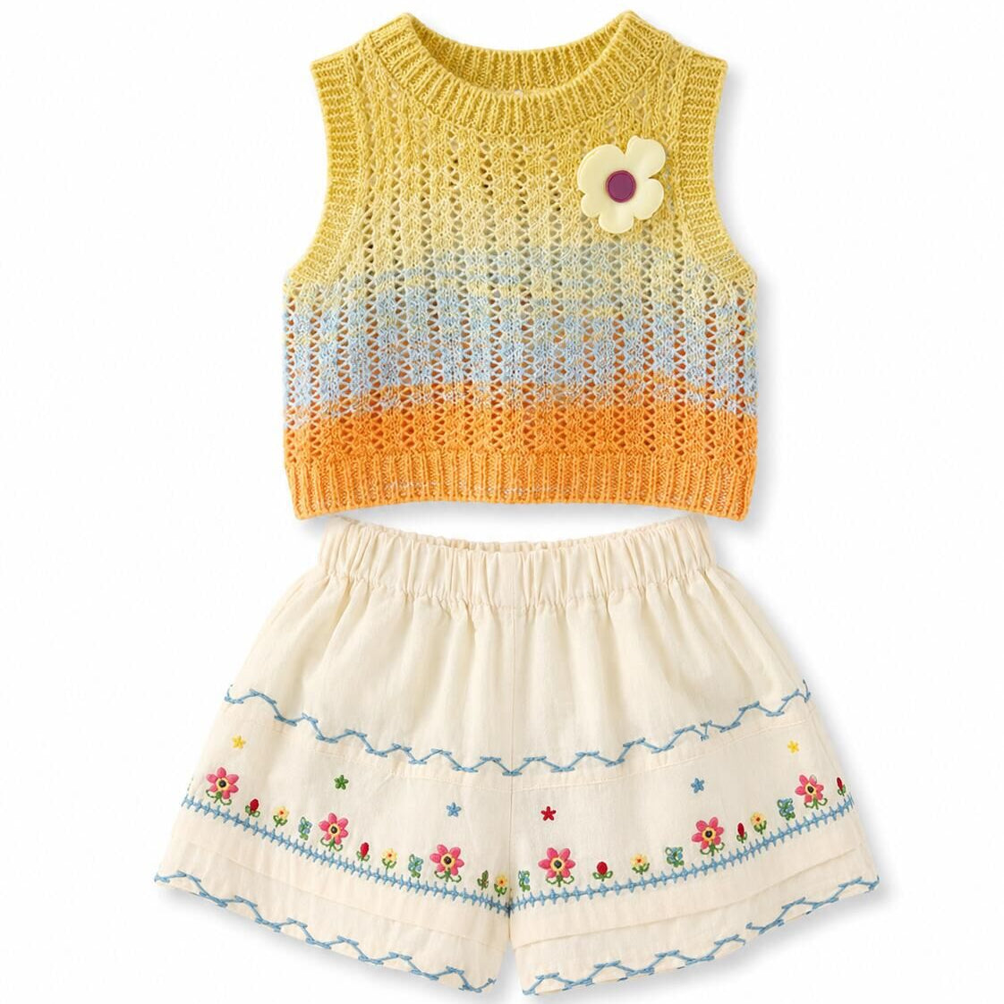 (In Production)Girls Summer Knitted Vest Embroidery Short Set