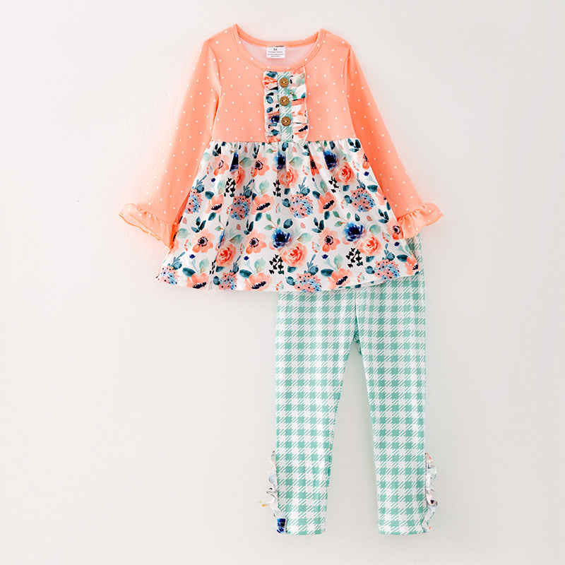 (In Stock G26-05-01)Girls Orange Floral Print Outfit Set