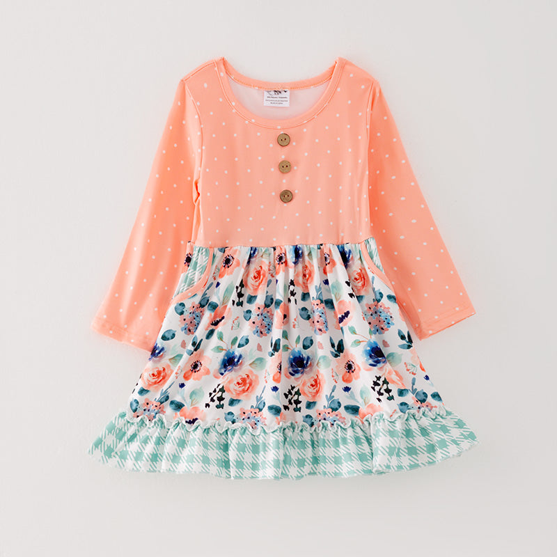 (In Stock G26-04-01)Girls Orange Floral Print Dress