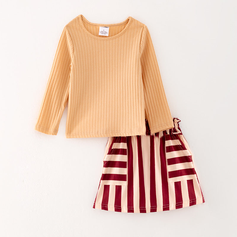 (In Stock G26-04-02)Girls Beige Top Striped Skirt Set