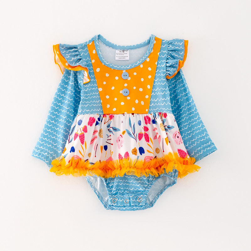(In Stock G28-04-02)Baby Girls Floral Print Blue Sleeve Romper