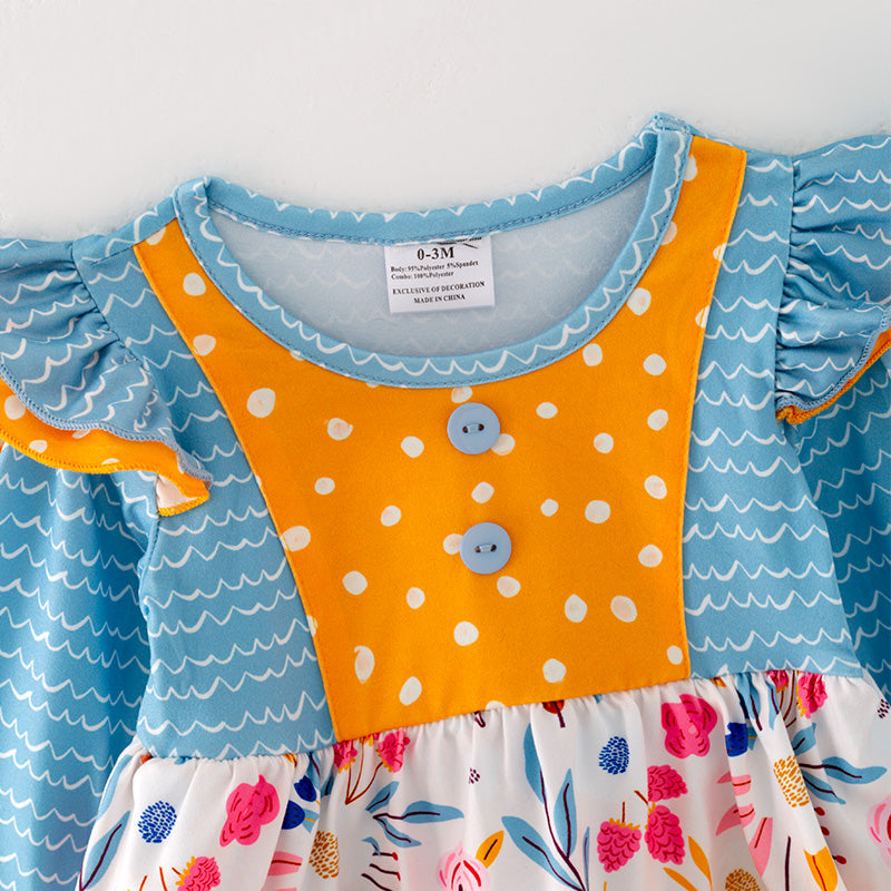 (In Stock G28-04-02)Baby Girls Floral Print Blue Sleeve Romper