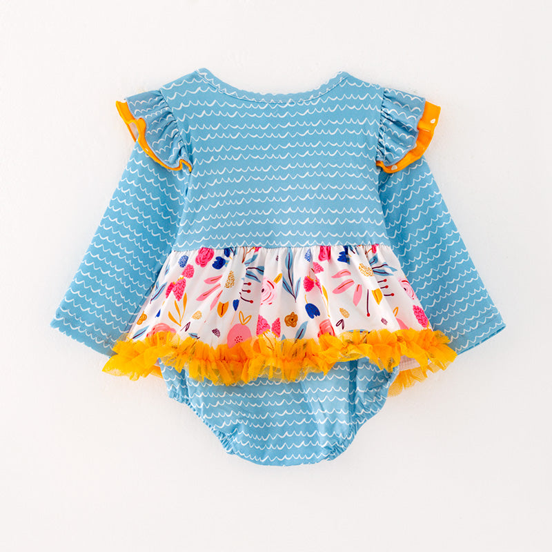(In Stock G28-04-02)Baby Girls Floral Print Blue Sleeve Romper