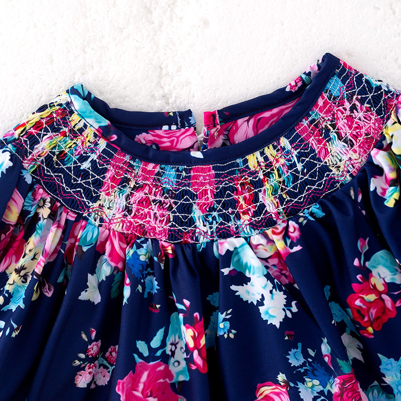 (In Stock)Girls Fall Floral Print Smocked Dress