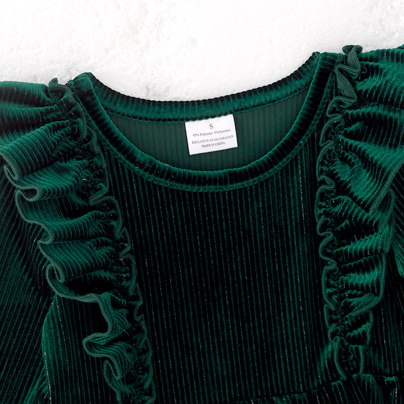 (In Stock)Girls Fall Dark Green Velvet Dress