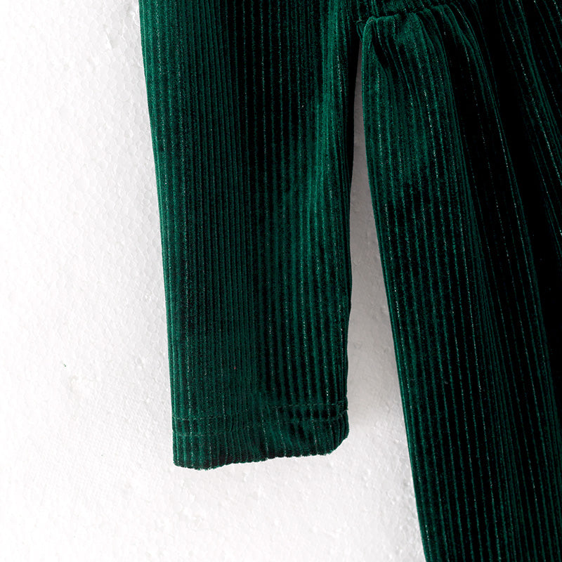 (In Stock)Girls Fall Dark Green Velvet Dress