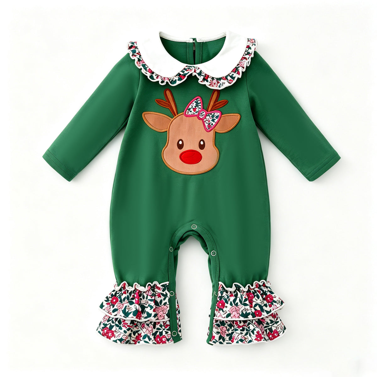 (In Stock)Toddler Girls Christmas Elk Applique Cotton Romper