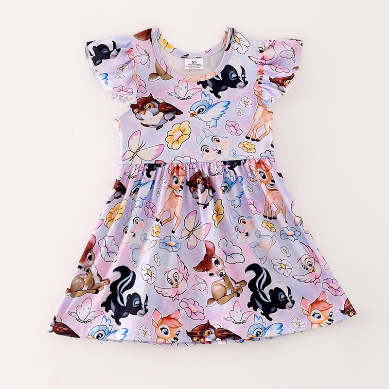 (In Stock)Girls Spring and Summer Deer Print Flying Sleeve Dress