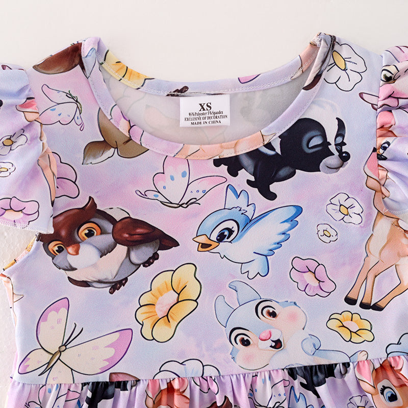 (In Stock)Girls Spring and Summer Deer Print Flying Sleeve Dress